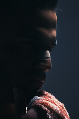 Image showing Dark, man and face of warrior thinking or ready for war, battle or ring match against a mockup background. Closeup of male fitness boxer with bloody hand in thought for sports fight or game plan