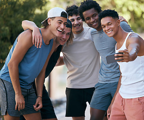 Image showing Selfie, sports and friends group with smartphone for fitness teamwork, collaboration and social media networking update in park court. Athlete, training and people or men in cellphone photography app