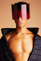 Image showing Beauty, futuristic fashion and man in sunglasses with creative cyberpunk style, modern accessory and trend setting sci fi eyewear. Black man, artistic red glass visor and future of edgy new clothing