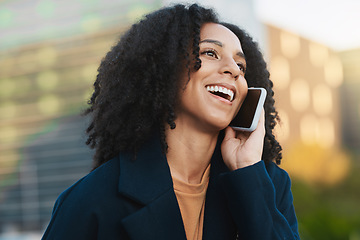 Image showing Phone, woman and phone call in a city by business woman, happy and excited by good news, promotion or success with startup goal. Black woman, call and entrepreneur laughing, cheerful and networking