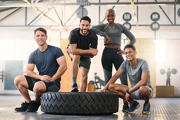 Image showing Fitness, friends and gym portrait by happy, relax and proud group ready for training, fitness and challenge. Personal trainer, team and woman with men at a sports center for cross, workout and fit