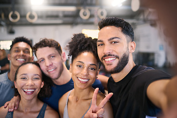 Image showing Happy, friends and portrait smile for selfie together in joyful happiness, moments or memories. Group of colleagues smiling for photo and peace sign in team building or social gathering with phone