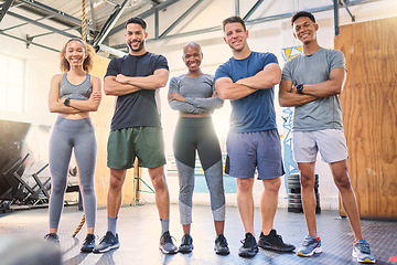 Image showing Team motivation, friends or teamwork portrait in gym for training, fitness or wellness workout sports. Happy, diversity or health sport women and men for exercise, support or collaboration with smile