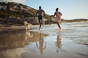 Image showing Running, fitness and dog with couple at beach and training for health, workout and exercise together. Love, freedom and wellness with man and woman runner with pet by the ocean for sports and summer