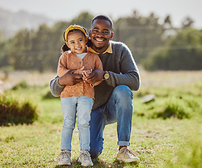 Image showing Park, portrait and father hug child for nature holiday, outdoor adventure and fathers day love in green countryside field. Happy family, dad and girl kid bonding together for vacation and spring