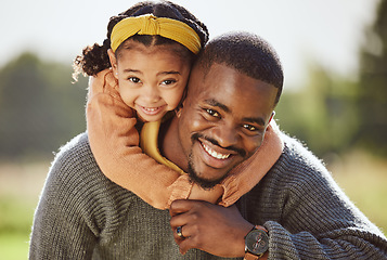 Image showing Father, child and hug in portrait smile for piggyback fun, trip or family time together in the outdoors. Dad with hugging kid smiling in happiness for bonding weekend, break or vacation in nature