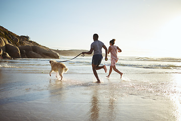 Image showing Exercise, couple and dog at the beach for running, training and fitness, cardio and mockup space. Family, wellness and pet workout at sunrise, ocean and water run while bonding with their labrador