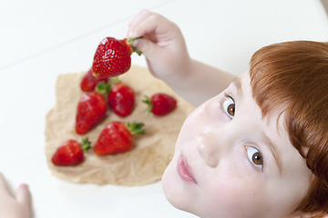 Image showing boy and strawberries