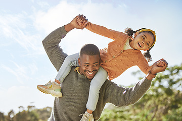 Image showing Dad, child and piggyback for family, fun and quality time together playing with a smile at the park outdoors. Happy father carrying kid on shoulders smiling in joyful happiness for bonding in nature