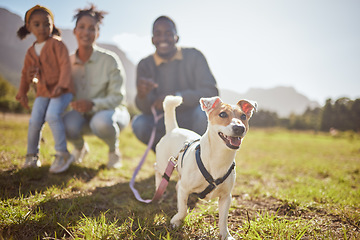 Image showing Black family, child or pet dog in nature park, environmental garden or sustainability grass land for Jack Russell Terrier walk. Man, black woman and child with animal canine in fun or relax activity