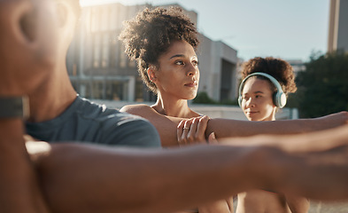 Image showing City, diversity and outdoor group workout, running club stretching before morning run in city street. Fitness, friends and urban exercise in summer, healthy lifestyle with training mindset together.