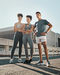 Image showing Fitness, portrait and happy fitness team on runners, teamwork and motivation for training, exercise and group workout as friends. Smile and healthy people with of slim, strong and athletic sport body