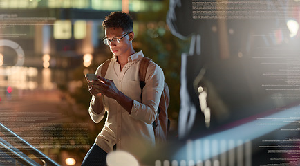 Image showing Hologram, phone and man texting in a city at night, social media and web browsing with digital overlay. Double exposure, guy and social network in town, internet and transformation in communication