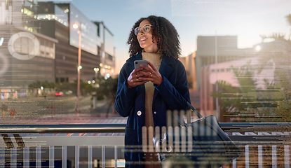 Image showing Black woman, phone and city in social media vision for communication technology at night on overlay. African American female smile for social networking or chatting on smartphone in double exposure