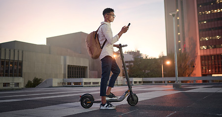 Image showing Creative student, electric scooter or man with phone is city, street or building at night networking, 5g network or social media. Travel, designer or male with smartphone for contact us or media app