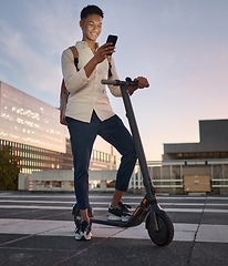 Image showing Businessman, electric scooter or phone at city travel sunset by New York buildings on location map. Happy smile, designer or escooter transport, environment and carbon footprint transport with mobile