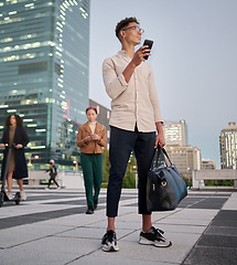 Image showing Man, phone and city travel for business or vacation walking in street, search directions or social media content creation. Black man, global internet streaming on smartphone and thinking with luggage