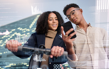 Image showing Travel, phone and city business people with overlay for digital, social media and data analysis of transportation urban report on eco scooter. Young carbon footprint worker or couple with seo review