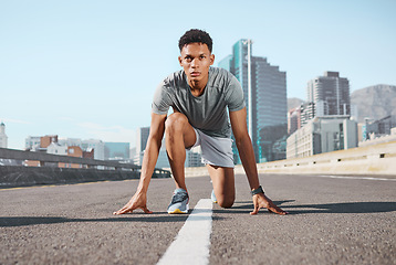 Image showing City street, runner start and athlete training for marathon race, exercise or fitness challenge on Los Angeles California road. Running motivation, body wellness and black man focus on health goals