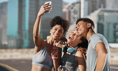 Image showing Fitness, city friends and phone selfie, motivation for training with happy runner friend or personal trainer. Urban workout, running club and fun photo with smile on smartphone after healthy exercise