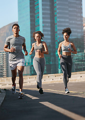 Image showing Friends, running and exercise in city with training, workout and cardio for health and wellness in a street. Fitness, motivation and people run, practice and marathon with commitment for healthy body