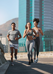 Image showing Diversity, fitness friends and running together in city for freedom or healthy lifestyle motivation. Runner athlete, sports training team and wellness coach outdoor workout for cardio exercise goal