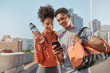 Image showing Smartphone, fitness and black people couple in city for workout training mobile app, social media and website information. Happy young sports, athlete or runner friends using phone in urban street