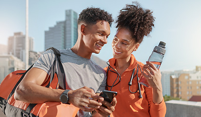 Image showing Couple, fitness team or phone in city for fitness management app, health data analysis or workout progress report. Smile, happy man and woman or sports friends bonding with mobile training technology
