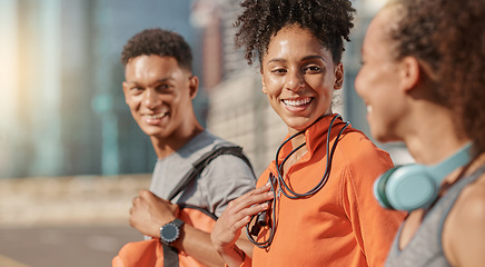 Image showing Man, women or fitness team in city workout, training and exercise for health goals, wellness target and team building. Smile, happy and sports friends or people with music headphones or skipping rope