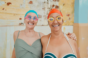 Image showing Swimming, physiotherapy and fitness with senior friends at a pool for health, wellness or recovery. Sports, training and exercise with a mature woman and friend at a swimming pool for rehabilitation