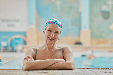 Image showing Swimming pool, fun and portrait of a senior woman doing water aerobics for exercise or workout. Happy, smile and elderly lady in retirement doing aquatic training lesson for skill, health or wellness