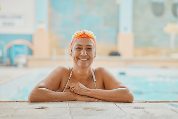 Image showing Swimming, physiotherapy and fitness with a mature woman patient in a pool for rehabilitation. Water, exercise and recovery with a senior female in a swimming pool for water training or wellness