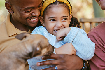 Image showing Love, dog and happy family bond of child, father and mother having fun, playing and enjoy quality time peace together. Child care, life growth and black family of kid girl, parents and pet animal
