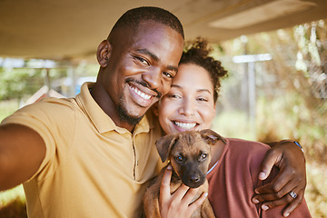 Image showing Love, dog and selfie with a couple and their adopted pet posing for a picture together in their new home. Portrait, puppy and adoption with a man, woman and foster animal taking a photograph