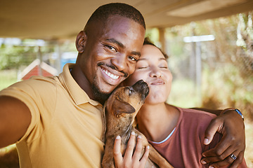 Image showing Phone selfie, dog and couple hug, have fun and enjoy bonding quality time together in forest cabin. Love, peace and romantic portrait of black man and woman happy with pet animal on nature vacation