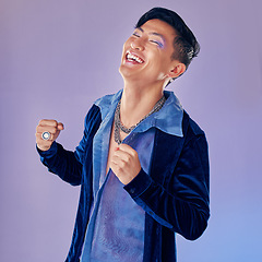 Image showing Asian model, fashion and smile with happy smile in purple studio background with clothes, cosmetics and makeup for retro style. Face beauty of an man looking trendy with laugh, happiness and joy