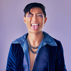 Image showing Fashion, purple and crazy punk model with creative eyeliner, makeup design or facial cosmetics for beauty aesthetics. Portrait, creativity and retro Asian man with vintage clothes, energy and style