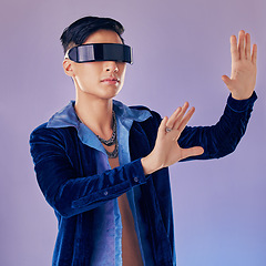 Image showing Vr, futuristic and man in metaverse in studio isolated on a purple background. 3d, virtual reality glasses and male exploring virtual world, app or ai games, digital software or future cyber space