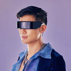 Image showing Cyberpunk, fashion and futuristic asian man, jewellery and clothes with cool glasses in purple mockup studio background. Aesthetic, abstract and designer sunglasses on male model with sci fi style