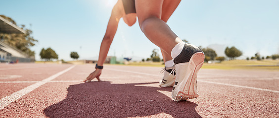 Image showing Runner start race, running track and competition, challenge or cardio fitness on stadium ground. Closeup marathon athlete, sprinter shoes and woman ready in sports training, race track event or speed