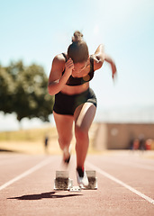 Image showing Woman runner, competition race and athlete performance, power and cardio fitness on stadium running track. Motion blur of marathon sports training on race track, arena event and fast speed action