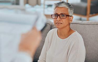 Image showing Senior woman, worried and stress while on living room sofa thinking and feeling stressed, anxiety and depression with glasses. Elderly lady in retirement with dementia, alzheimer or health problem