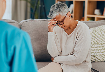 Image showing Senior woman, stress and mental health in psychology with depression, support and counselling with therapist on sofa. Sad, communication and burnout with life problem, pain and psychologist help