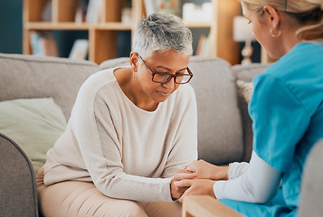 Image showing Mental health, support and nurse with senior woman holding hands for support, healthcare and depression expert advice. Retirement empathy, psychology help and sad elderly patient talking to caregiver