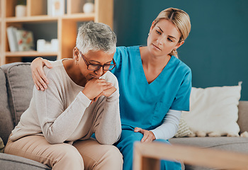 Image showing Bad news, support and nurse with a senior patient sitting on a sofa in her office at the hospital. Sad, upset and elderly woman with comfort from healthcare employee after medical diagnosis at clinic