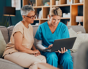 Image showing Home visit, woman and doctor with laptop on sofa checking medical results or chart online. Healthcare, technology and nurse or caregiver help consulting with patient on computer on living room couch.