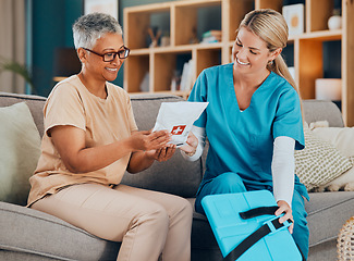 Image showing Healthcare, home visit and woman with doctor on sofa or doctors visit in house living room. Senior care, nurse or caregiver with patient, trust and support in medical advice or medicine delivery.