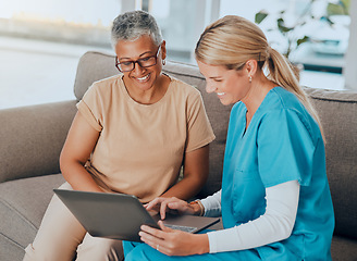 Image showing Laptop, healthcare and assisted living with a woman and nurse talking about test results in a retirement home. Computer, medicine and medical with a female health professional and patient in a house