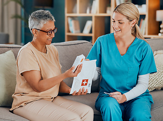 Image showing Senior care, nurse or woman with medicine pills box for healthcare support, medical help or retirement health. Trust, nursing home or caregiver giving elderly patient prescription supplements package