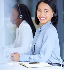 Image showing Call center, crm and Asian worker with a smile for telemarketing, online support and customer service. Contact us, corporate and portrait of a Asian consultant working as an agent for a company